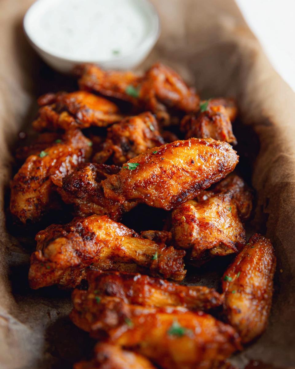 Close-up of crispy, glazed chicken wings served with a side of dipping sauce, perfect for quick Chicken Wings Recipes in 20 Minutes.