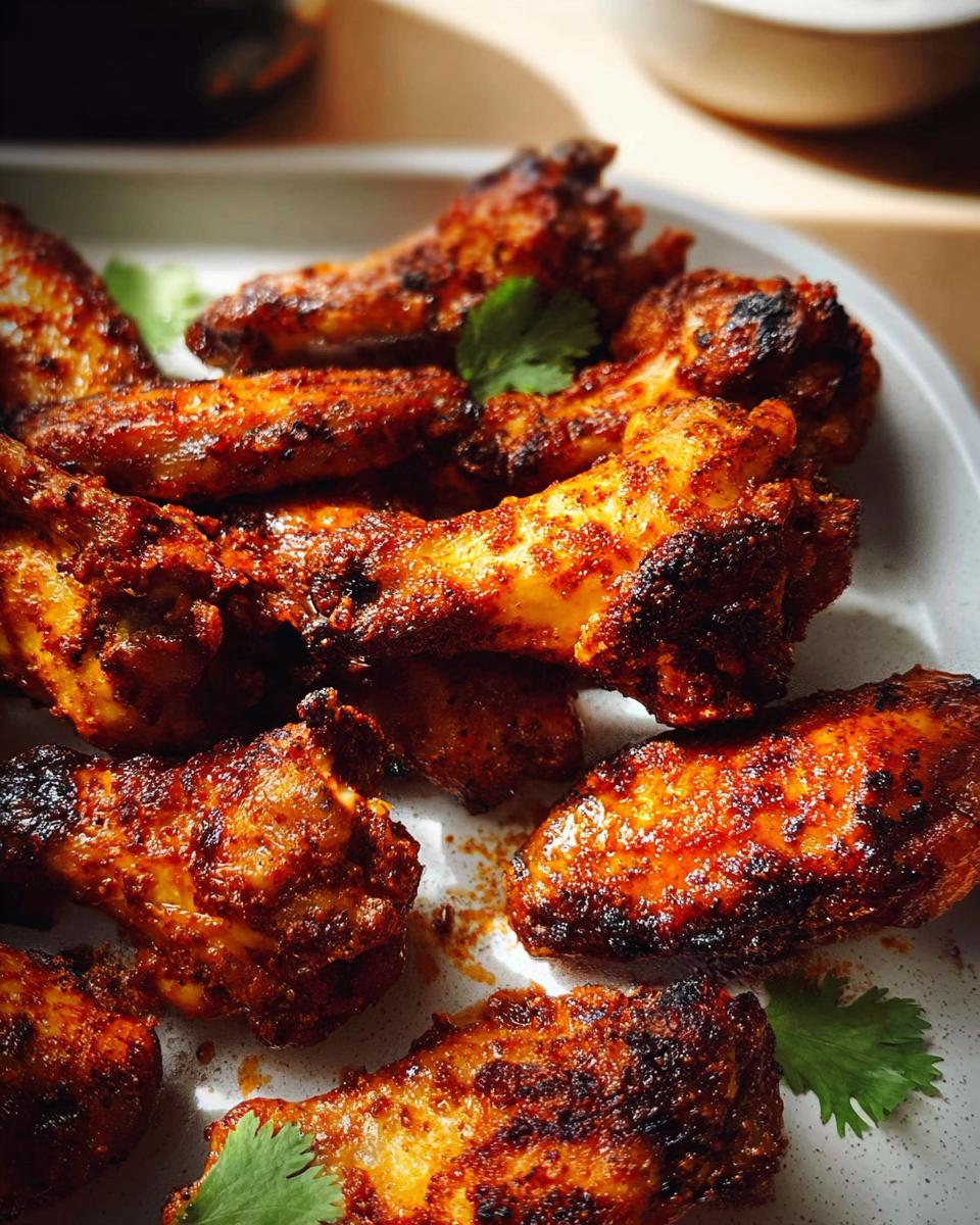 Close-up of a plate of spicy baked chicken wings, seasoned and garnished with cilantro.