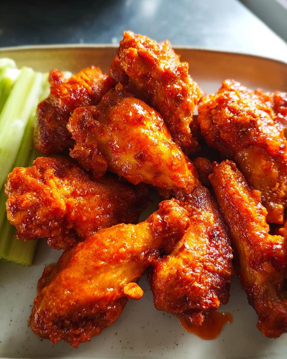 Close-up of spicy buffalo chicken wings coated in sauce, served with celery sticks.