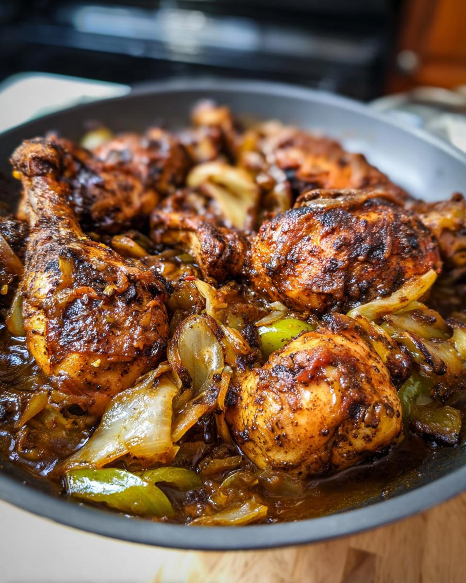 Close-up of a pan filled with spicy chicken recipes pieces, onions, and green peppers.