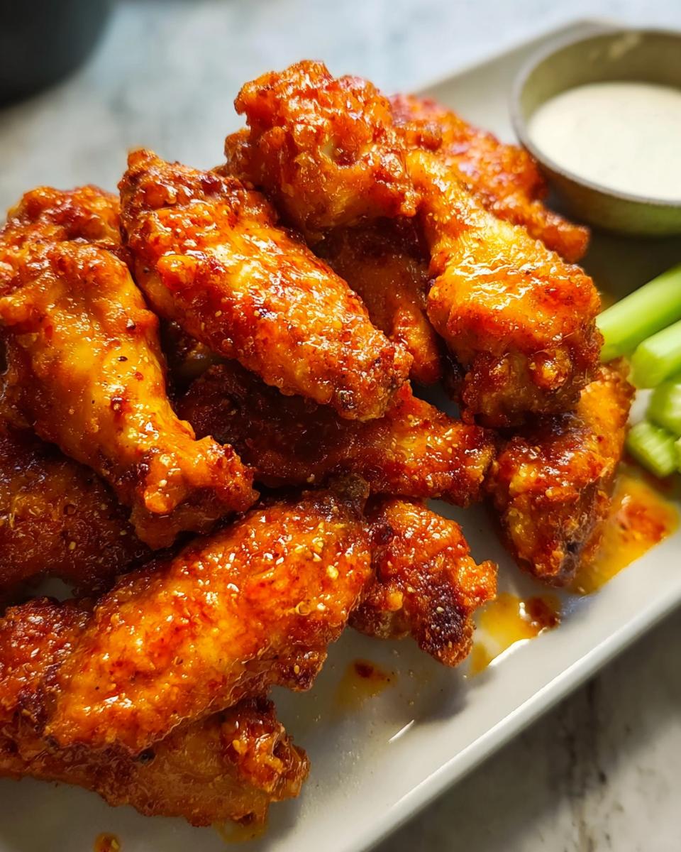 A pile of crispy, glazed chicken wings, served with celery sticks and a dipping sauce.