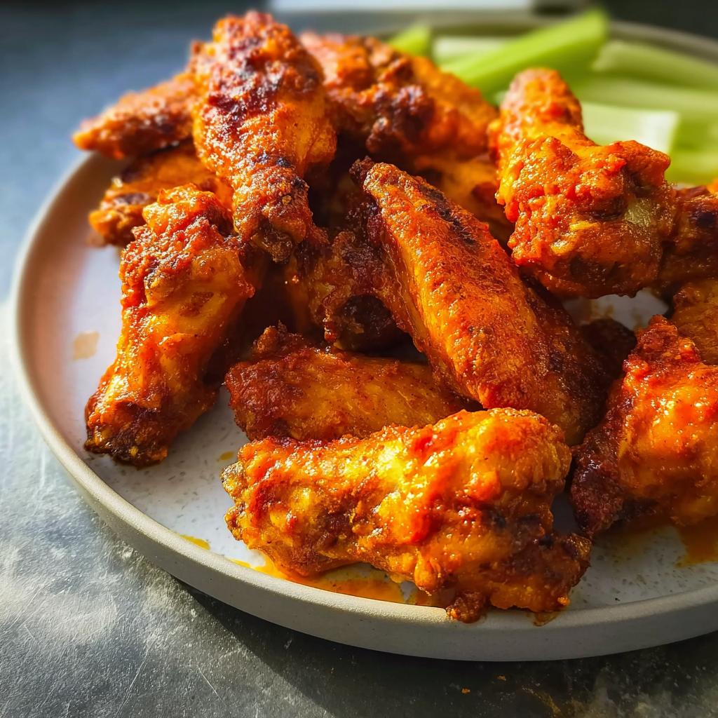 A plate of delicious, spicy chicken wings with celery sticks, perfect for busy weeknights.