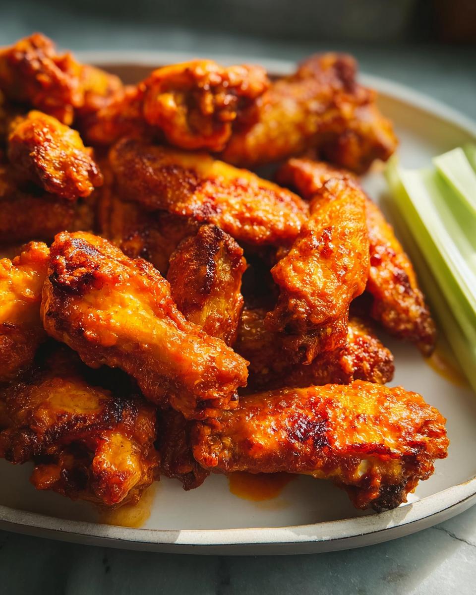 A plate of delicious, glossy, spicy chicken wings with celery sticks, perfect for busy weeknights.