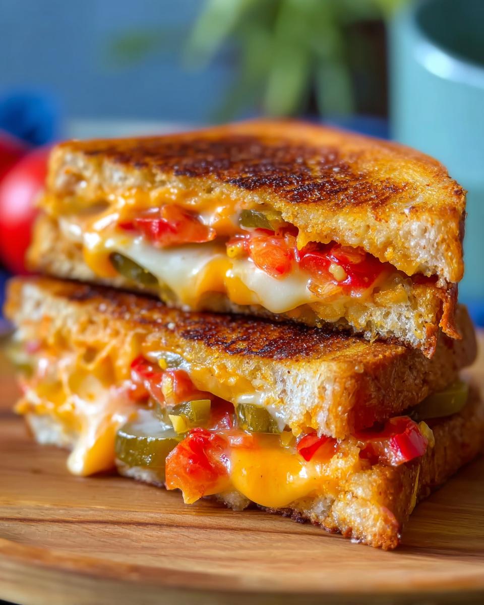 Two halves of a spicy grilled cheese sandwich stacked, filled with melted cheese, chopped red peppers, and pickles.