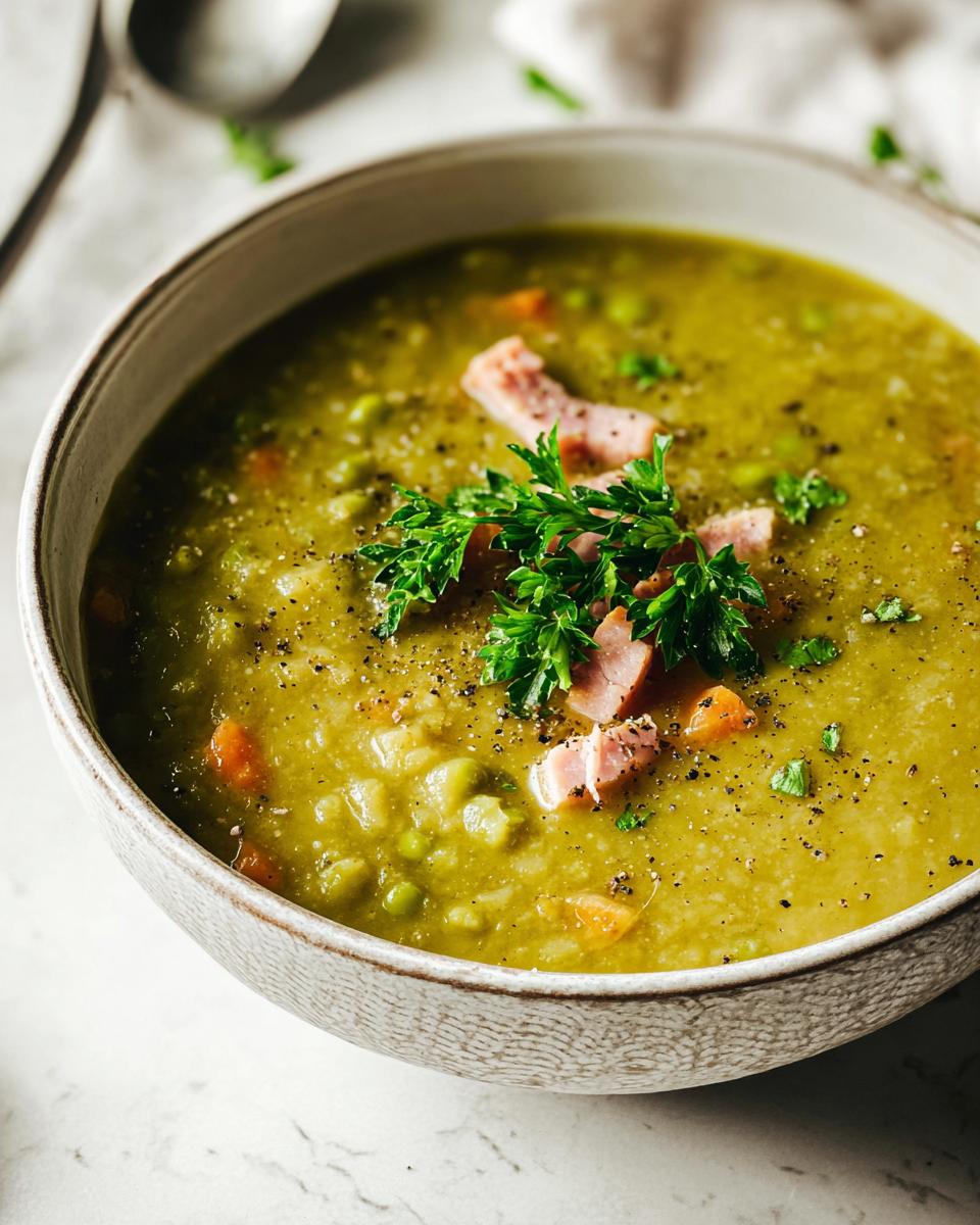A close-up of a bowl of split pea soup with ham, carrots, and parsley, showcasing how to make soup recipes.