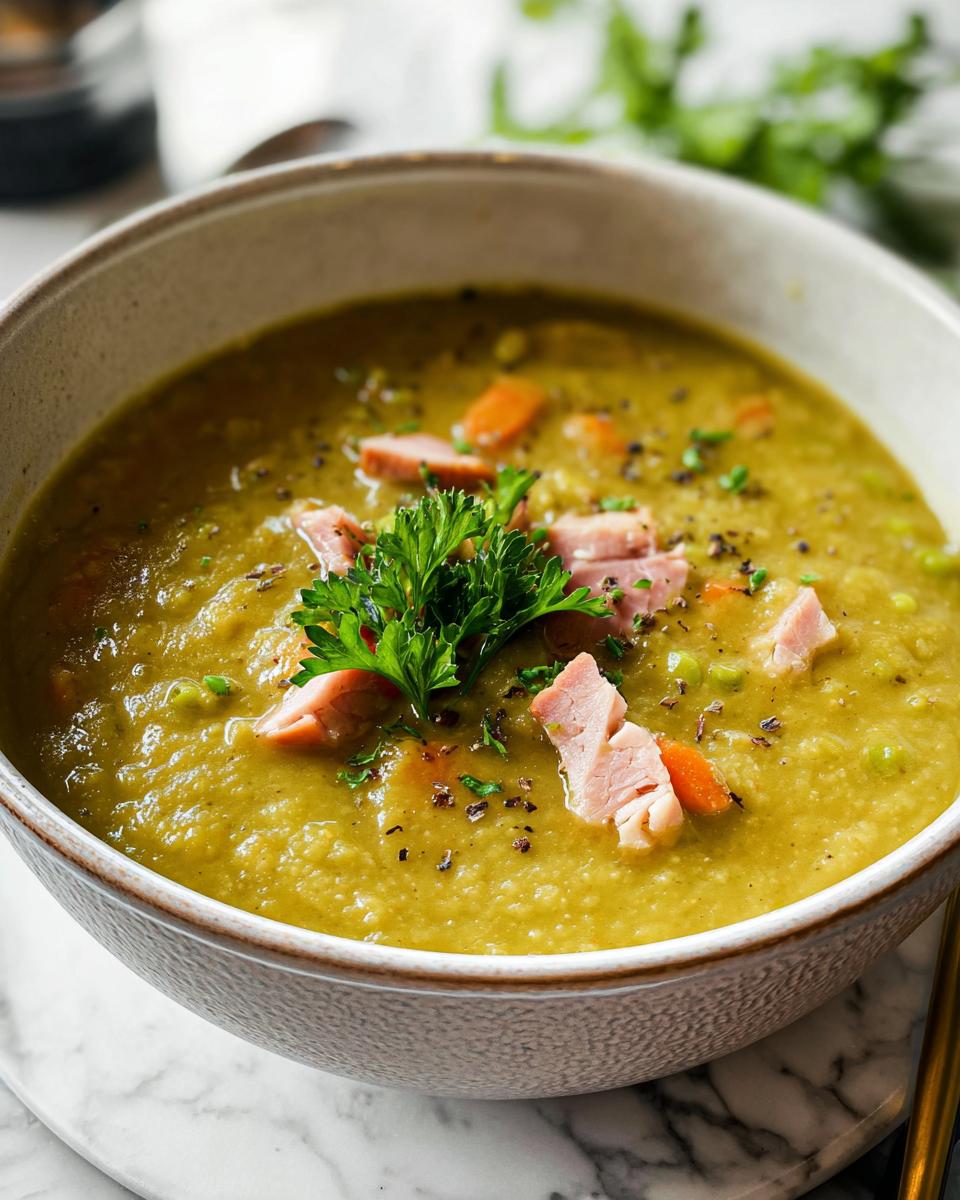 A bowl of hearty split pea soup with chunks of ham, carrots, and fresh parsley garnish.