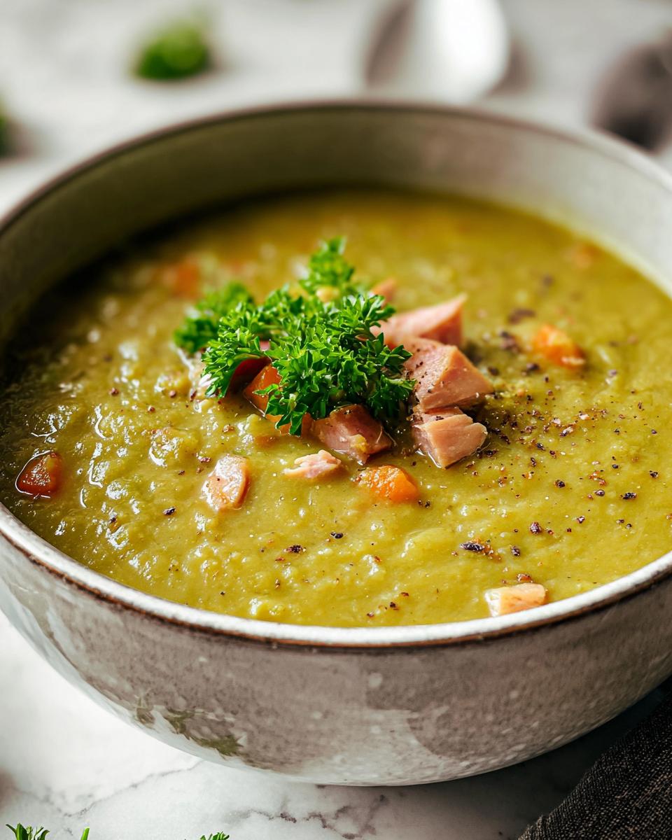 A bowl of delicious split pea soup recipe, garnished with diced ham, carrots, and fresh parsley.
