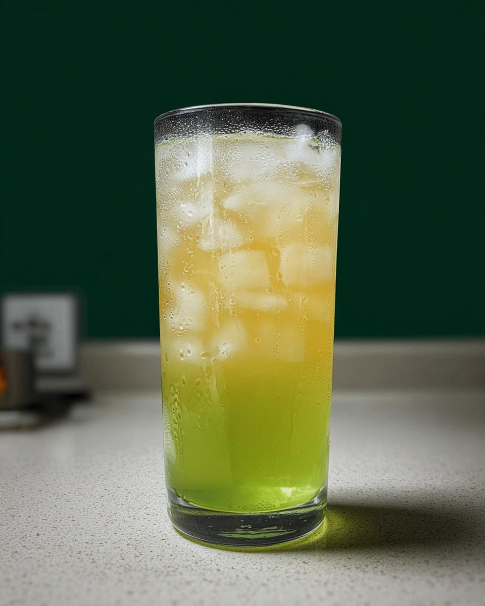 A tall glass filled with ice and a layered green and yellow Starbucks drink, part of the 20-Ingredient Starbucks Drinks Recipes.
