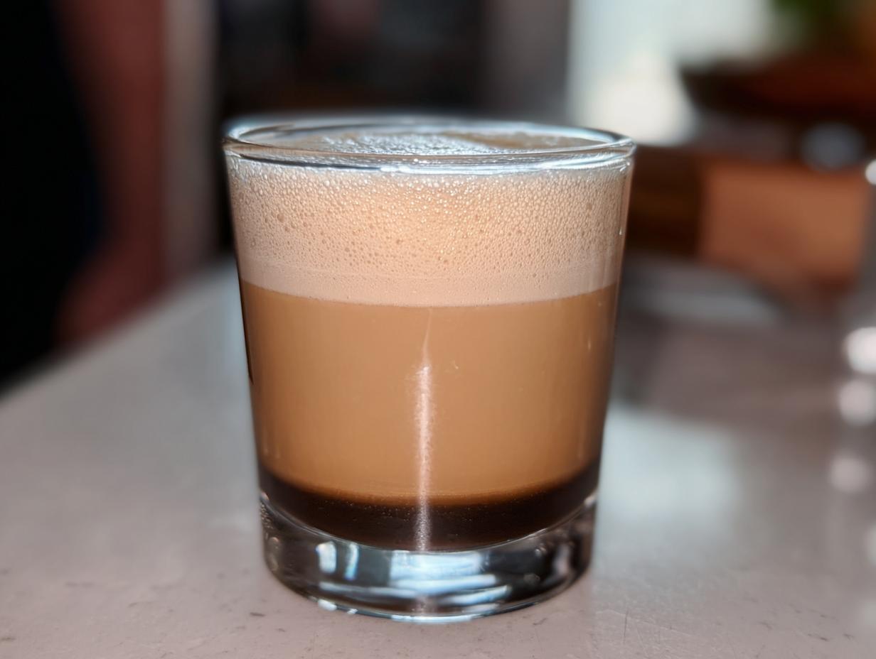 A layered Starbucks drink with dark coffee, creamy milk, and frothy foam in a glass, perfect for busy weeknights.