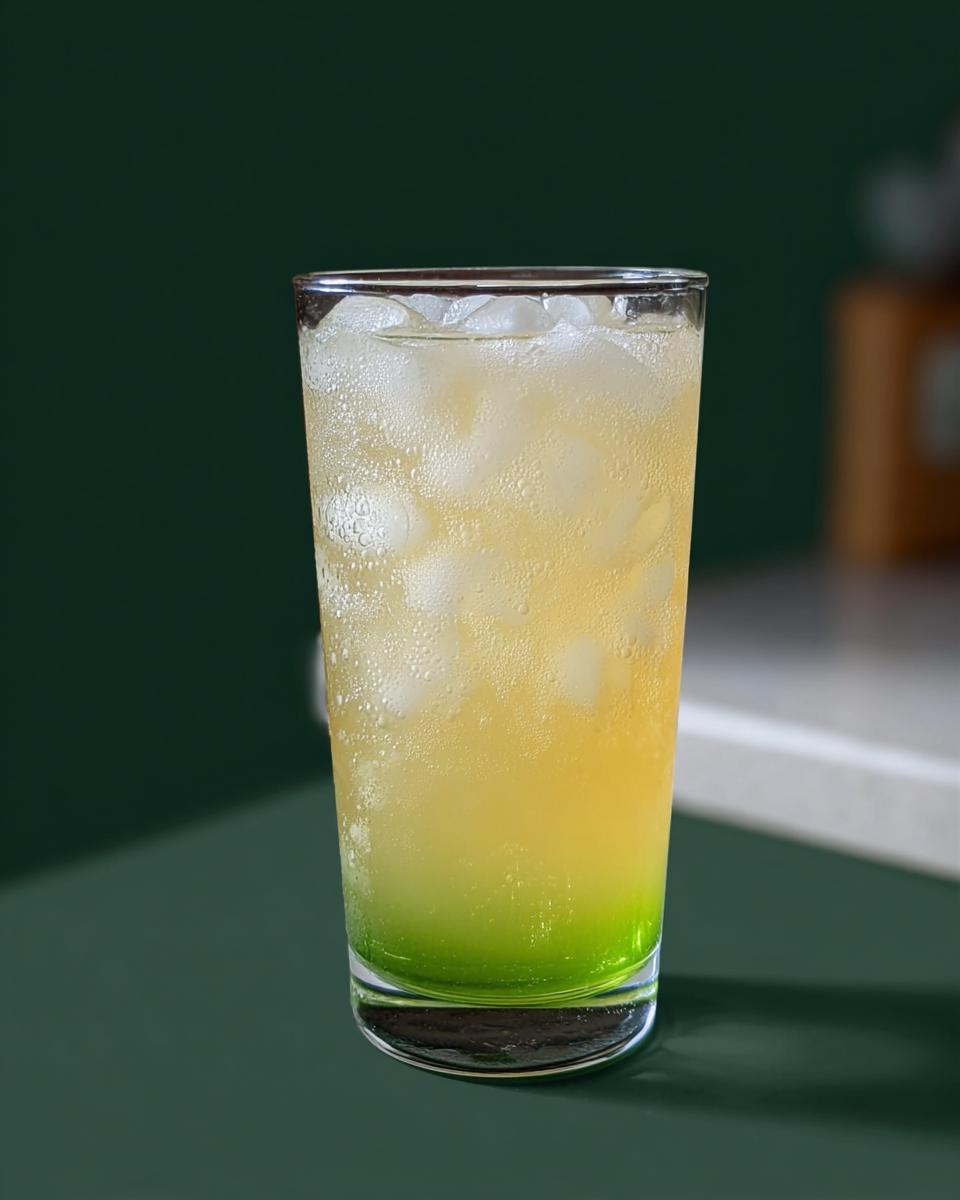 A tall glass filled with ice and a layered yellow and green Starbucks drink, part of 20-Ingredient Starbucks Drinks Recipes.