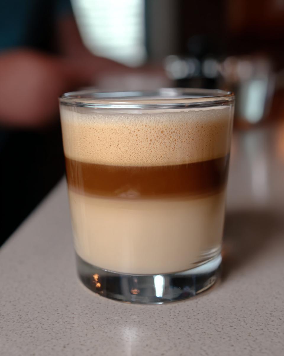 Close-up of a layered Starbucks drink with milk, espresso, and foam, perfect for busy weeknights.