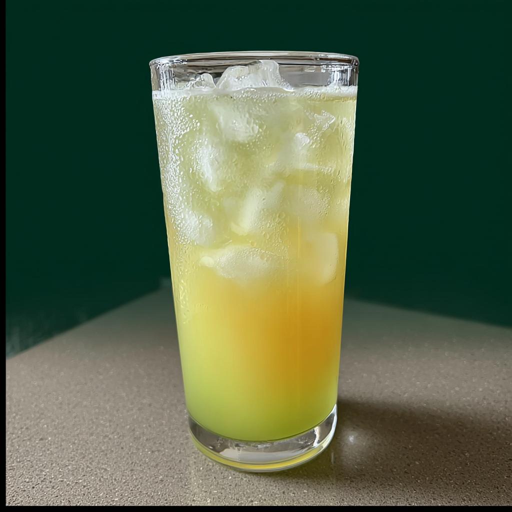 A tall glass filled with ice and a layered yellow and green Starbucks drink, perfect for a hot day.