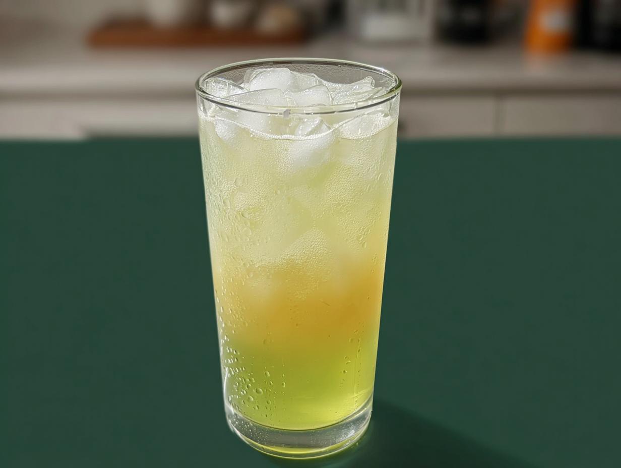 A tall glass filled with a layered yellow and green Starbucks drink, packed with ice.