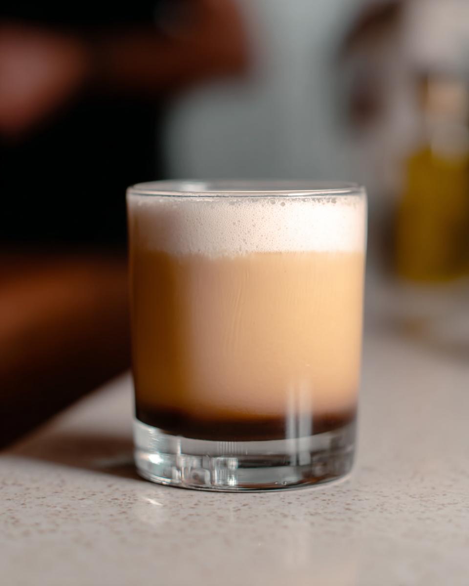 A layered Starbucks drink with dark coffee at the bottom, creamy milk, and a frothy top.