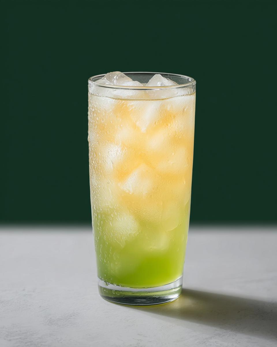 A tall glass filled with ice and a layered green and yellow Starbucks drink, perfect for a refreshing treat.