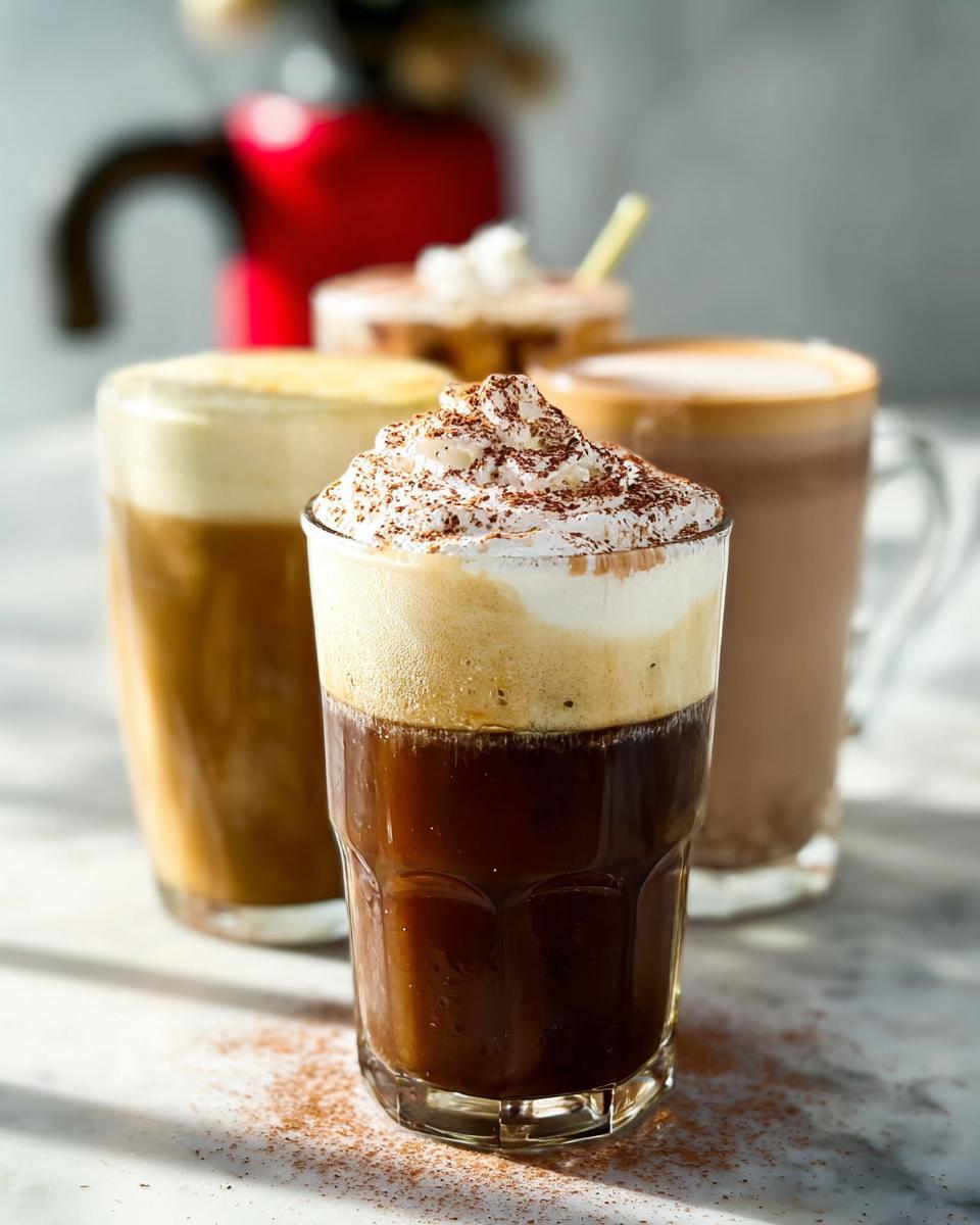 A selection of delicious Starbucks drinks recipes, including iced coffee topped with whipped cream and cocoa powder.