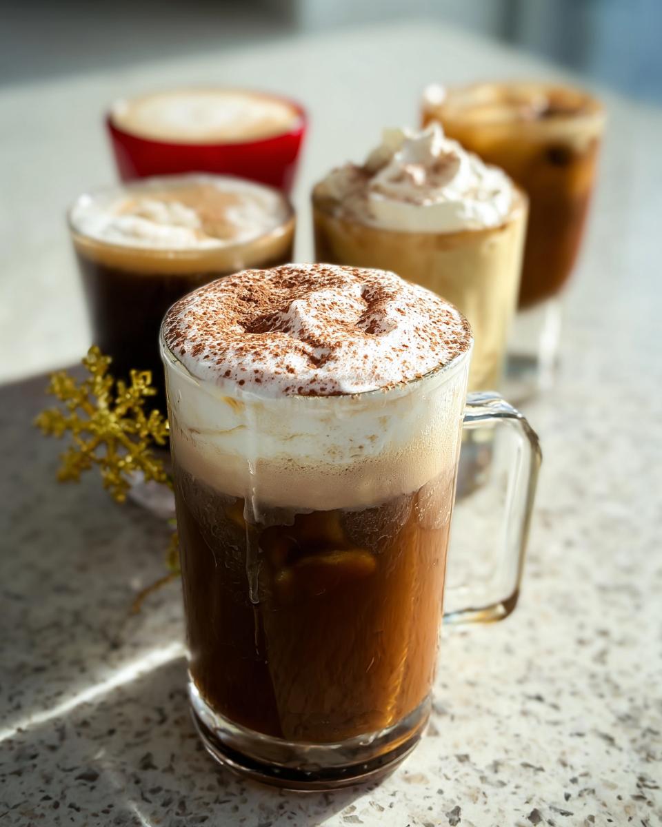 A variety of Starbucks drinks recipes, including iced coffee with whipped cream and cocoa powder.