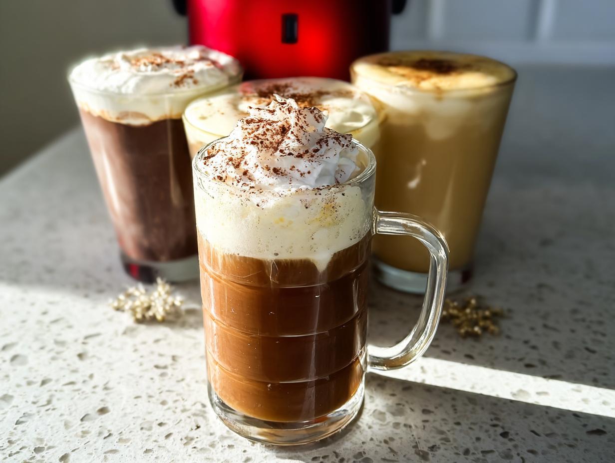 A collection of Starbucks drinks recipes, featuring a mocha, latte, and other coffee beverages topped with whipped cream and cocoa powder.