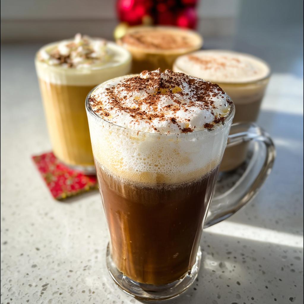 A close-up of a tall glass filled with a Starbucks drink, topped with whipped cream and chocolate shavings. Other drinks are blurred in the background.