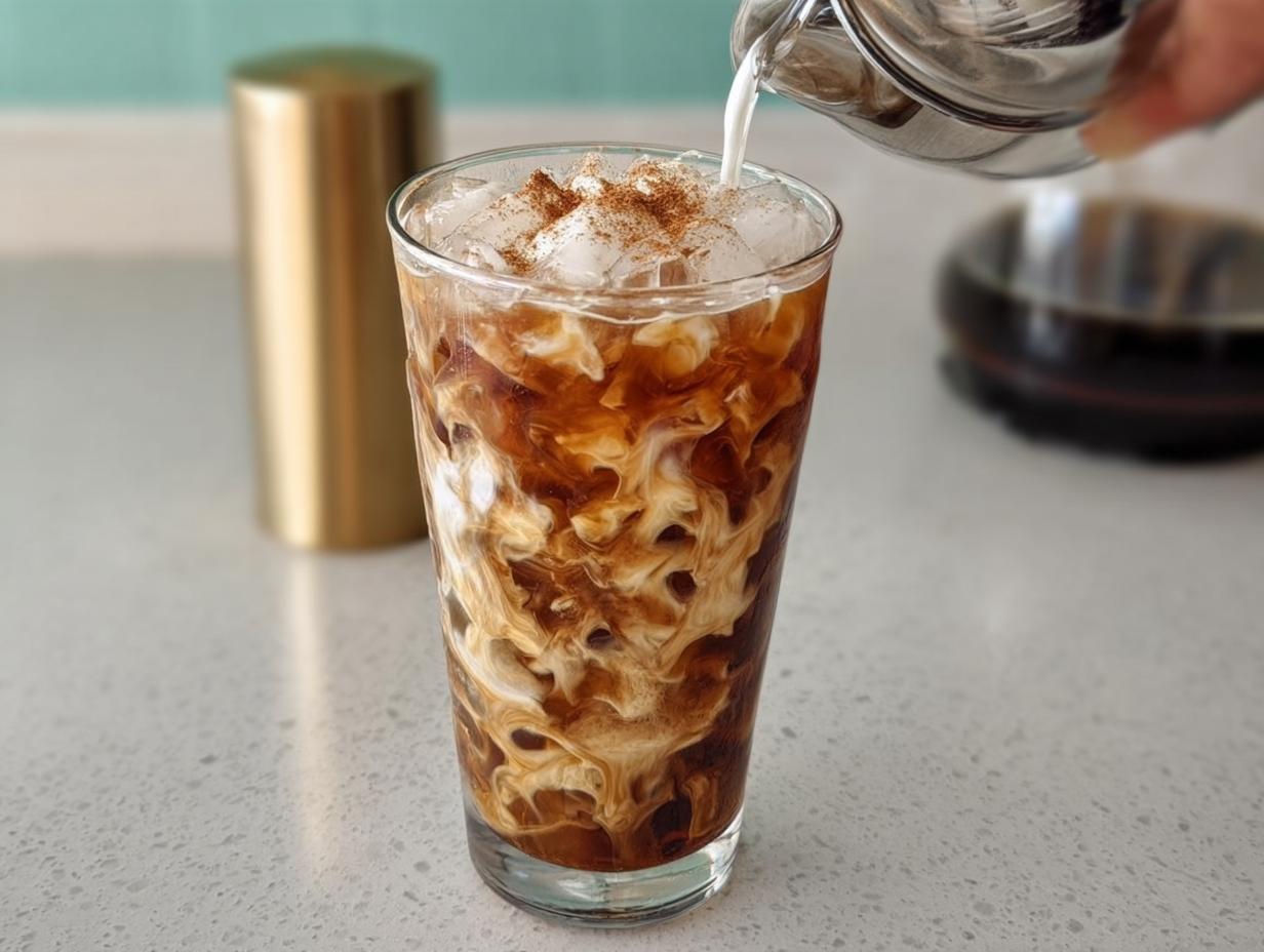 Pouring cream into a glass of iced coffee with cinnamon, part of Starbucks Drinks Recipes.