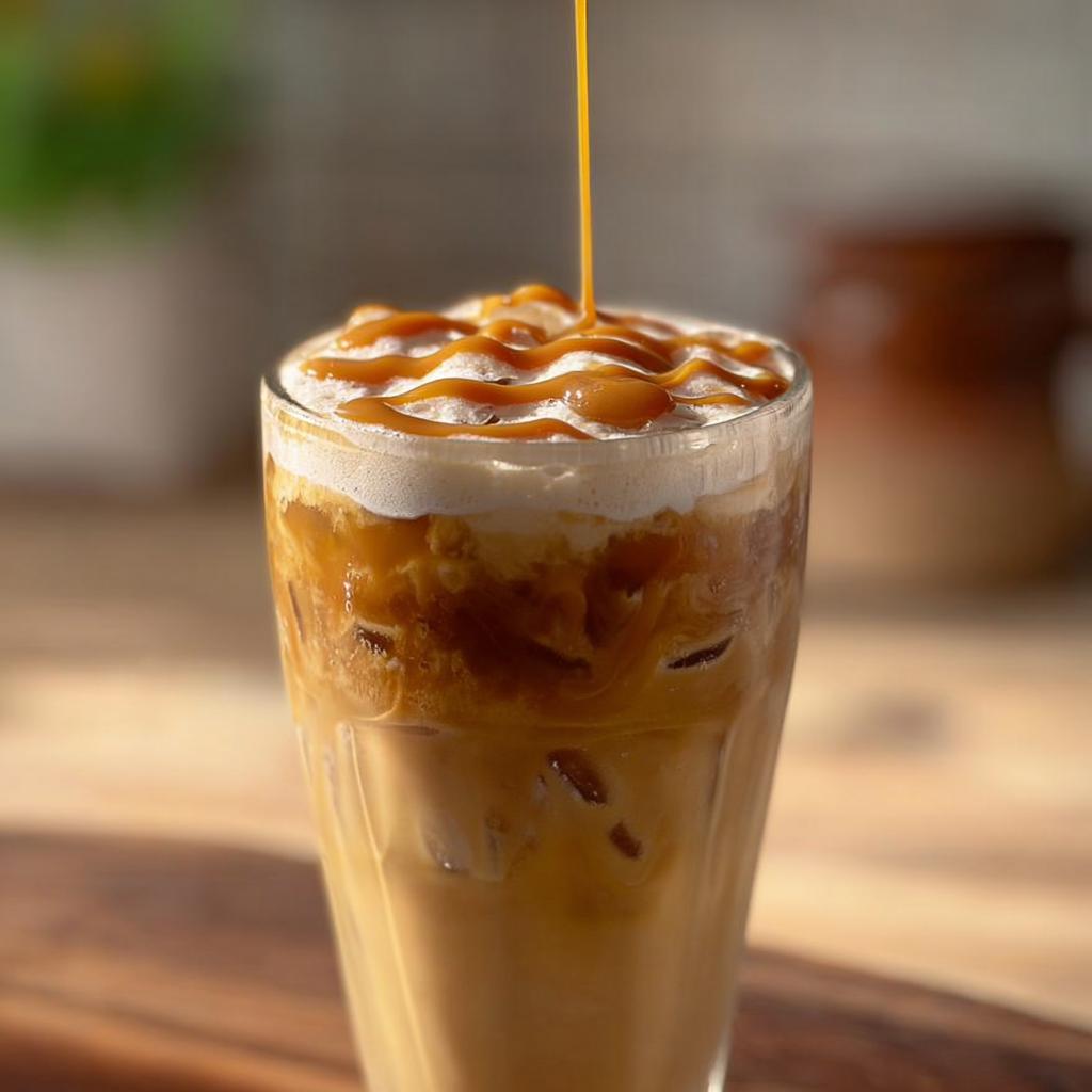 A tall glass of iced caramel macchiato with whipped cream and caramel drizzle, perfect for Starbucks drinks recipes.