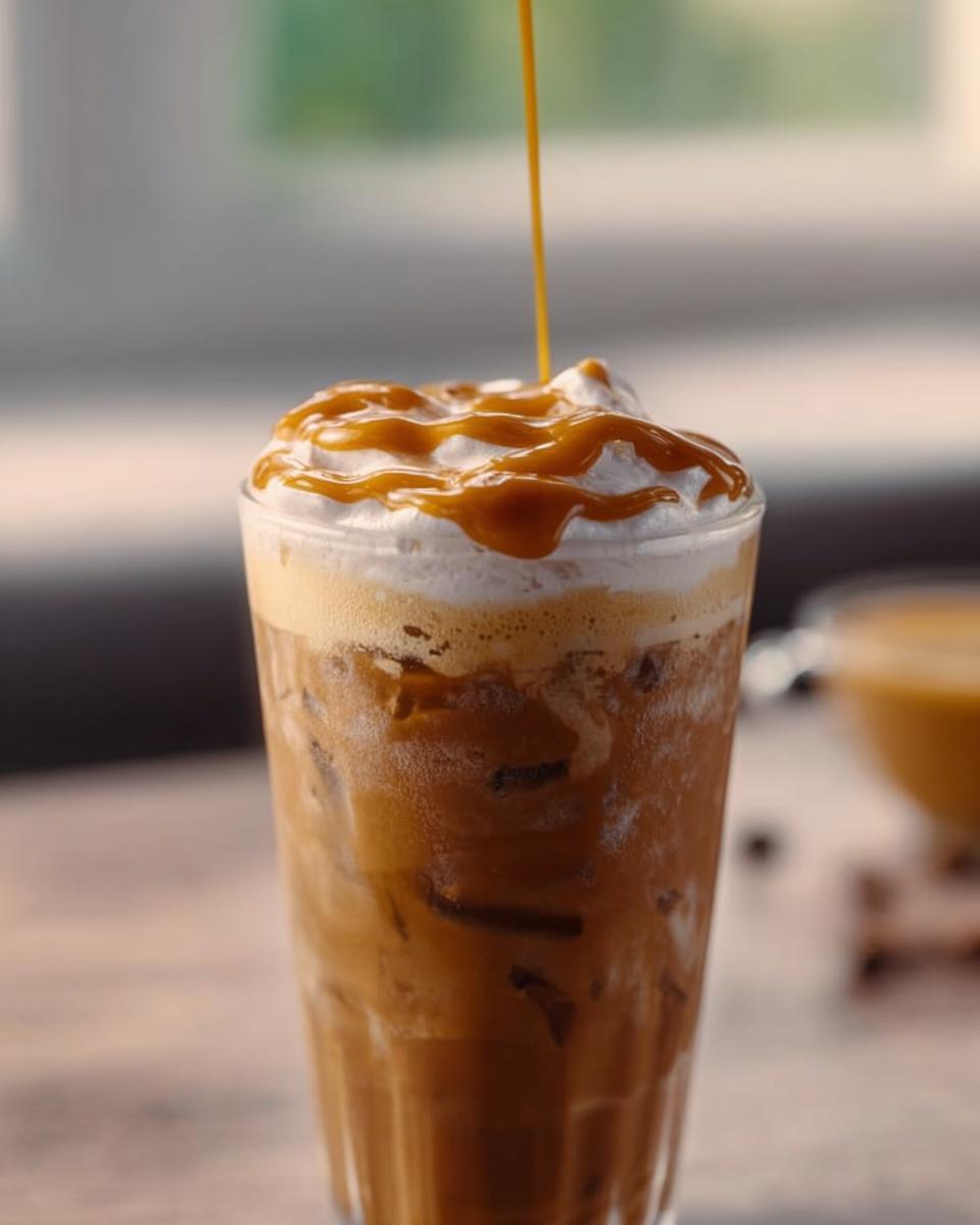 Close-up of an iced coffee with whipped cream and caramel drizzle, a Starbucks drink recipe.