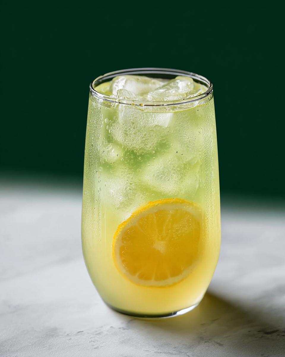 A tall glass filled with a refreshing Starbucks lemonade drink, ice, and a lemon slice. Part of 20-Ingredient Starbucks Drinks Recipes.