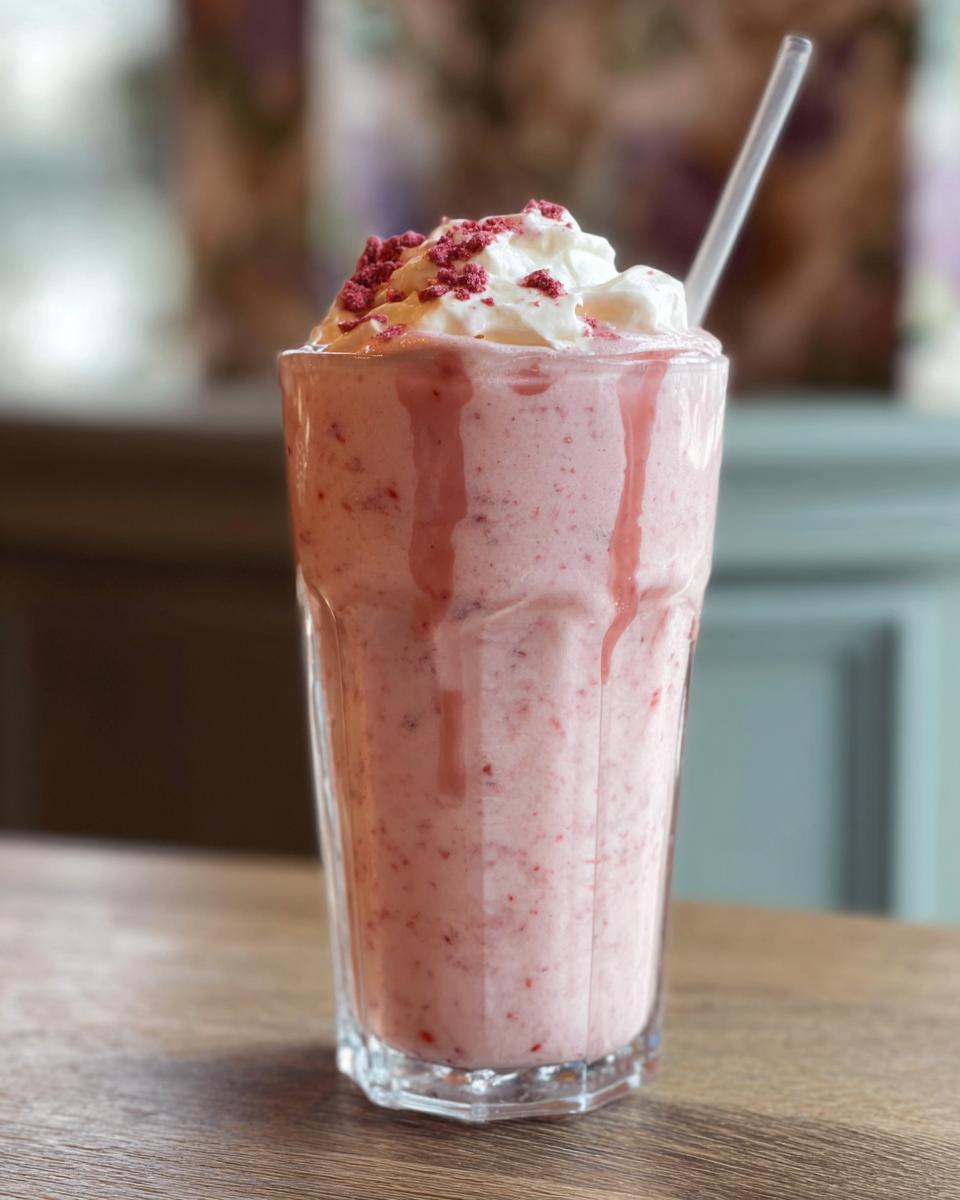 A refreshing pink drink, similar to a Starbucks Pink Drink, topped with whipped cream and pink sprinkles.