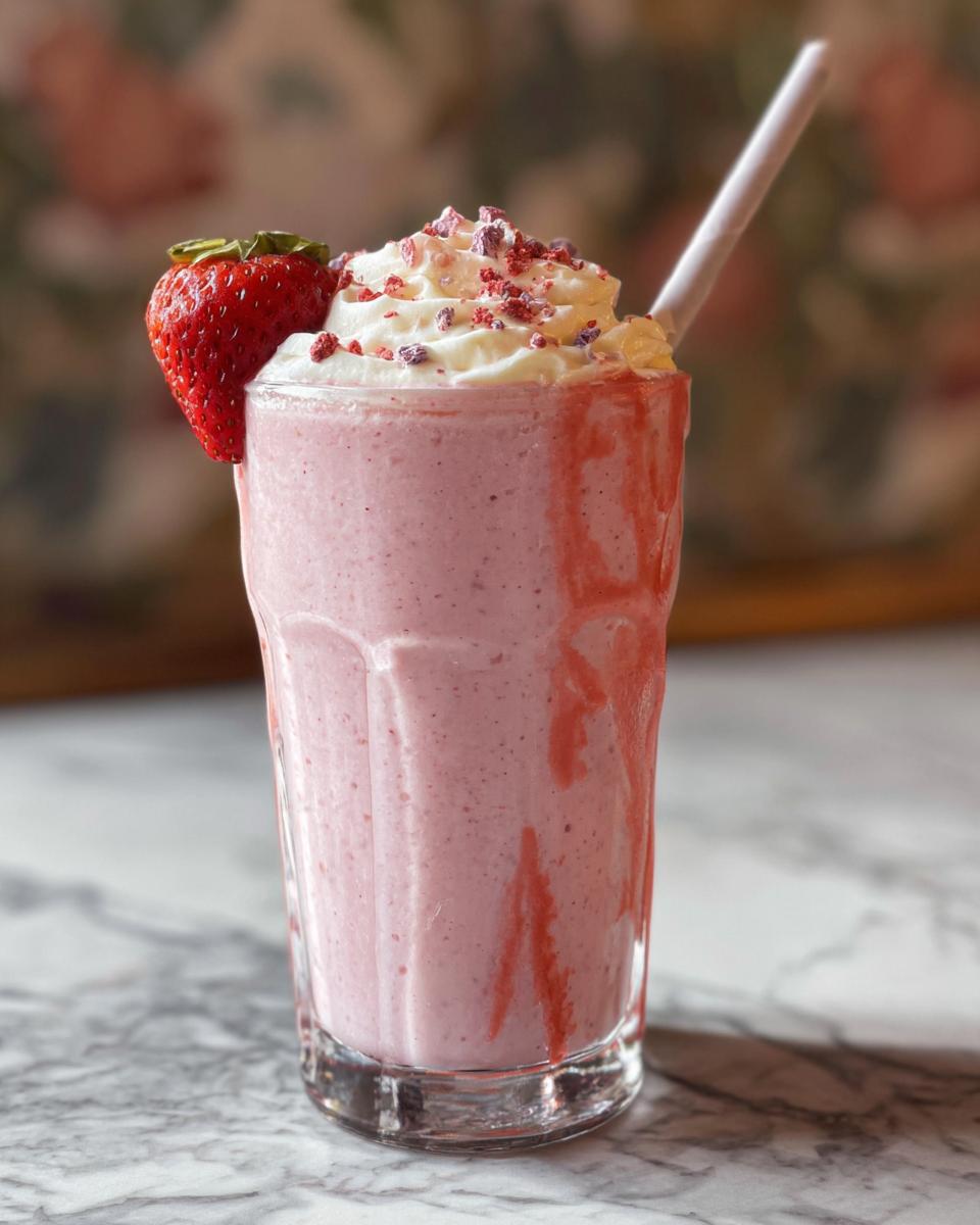 A refreshing strawberry frappuccino with whipped cream, a fresh strawberry, and sprinkles, perfect for when you crave Starbucks drinks.