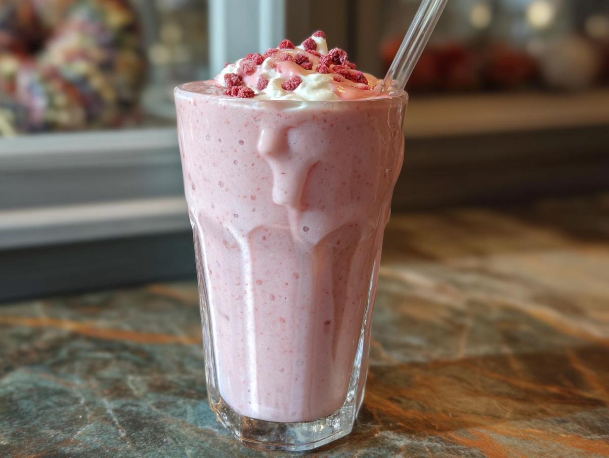 A refreshing strawberry frappuccino with whipped cream and freeze-dried berries, perfect for when you crave Starbucks drinks recipes.