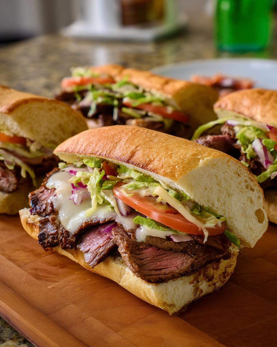 Close-up of a juicy steak sandwich with melted cheese, lettuce, tomato, and red onion, part of 7-Ingredient Sandwich Ideas Recipes.