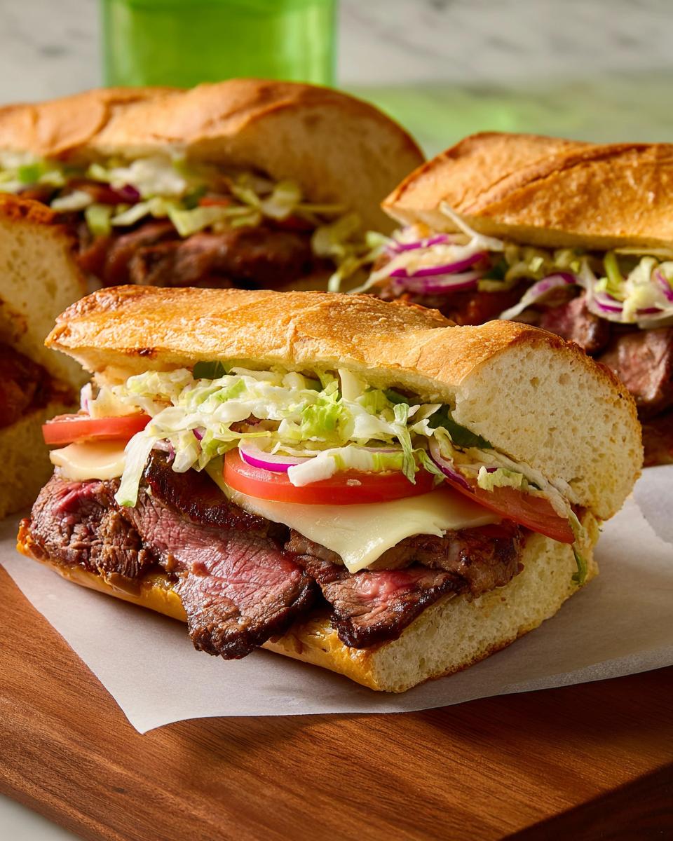 A hearty steak sandwich with cheese, tomato, lettuce, and red onion, part of 7-Ingredient Sandwich Ideas.