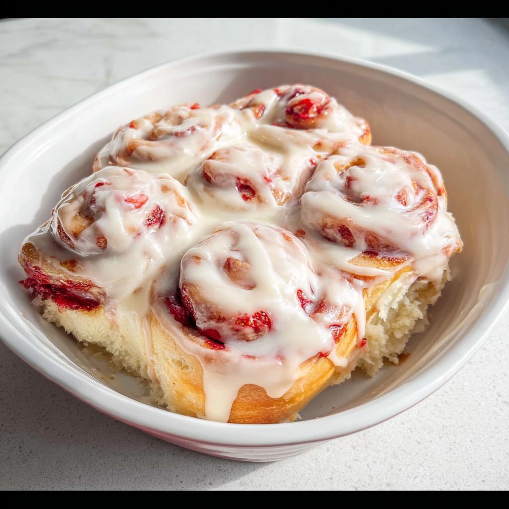 Close-up of sweet strawberry breakfast rolls drizzled with icing in a white dish.