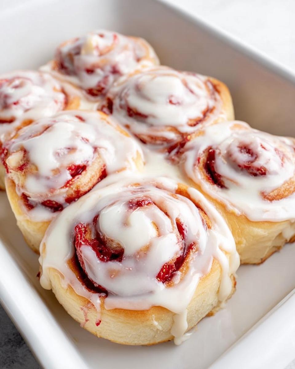 Close-up of fresh strawberry cinnamon rolls drizzled with icing, part of our breakfast ideas recipes.