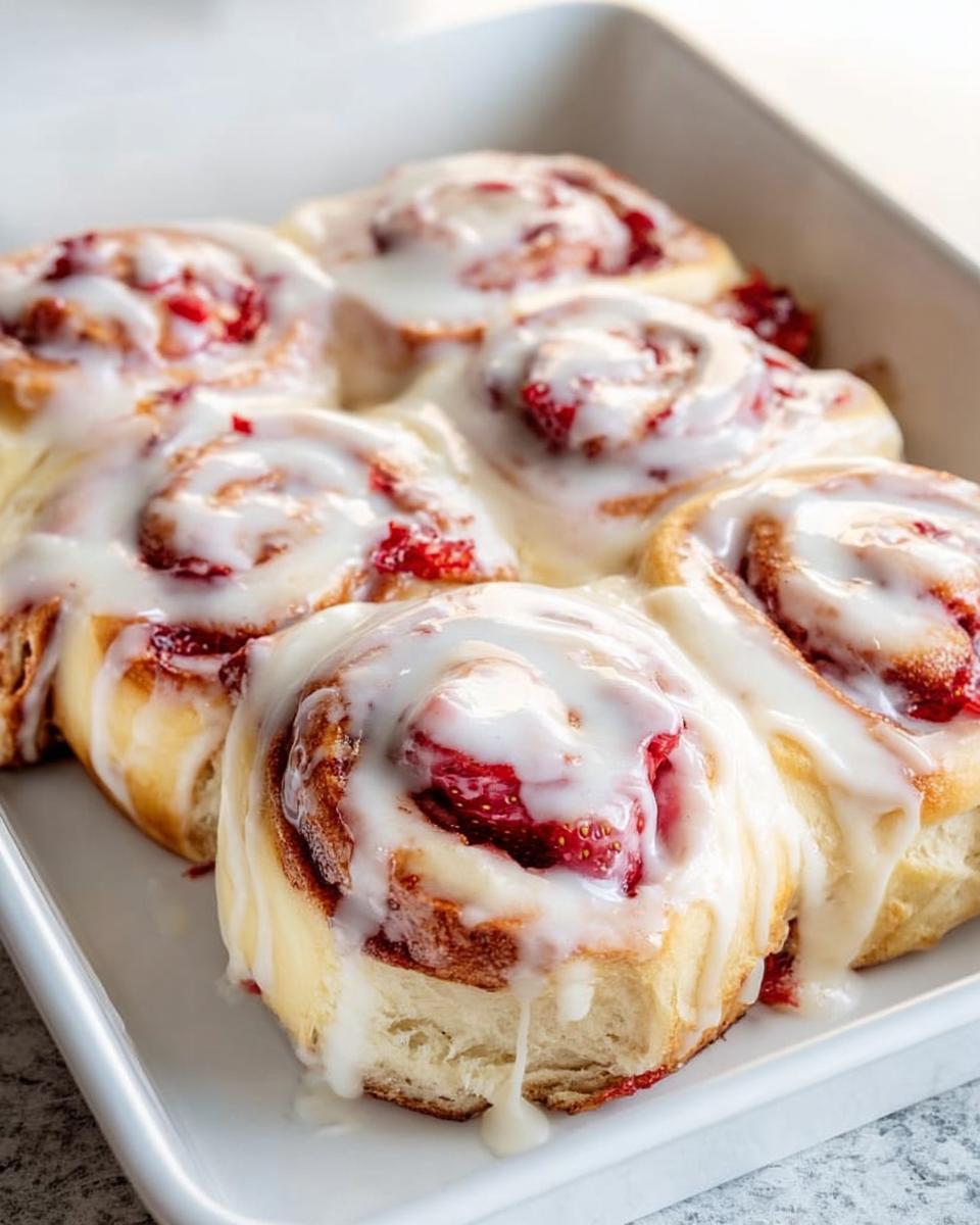 Close-up of freshly baked strawberry cinnamon rolls drizzled with icing, perfect for breakfast ideas.