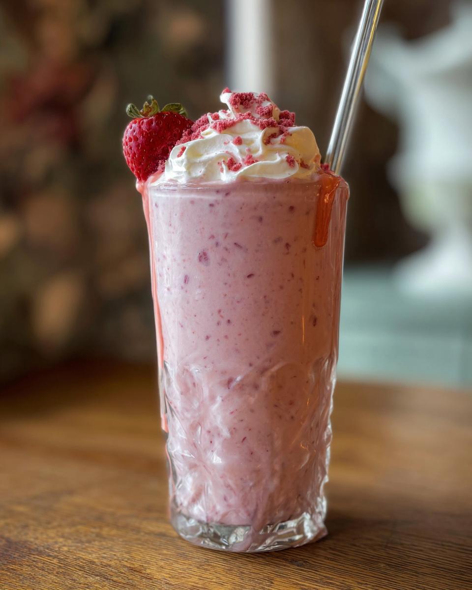 A refreshing strawberry frappuccino with whipped cream and strawberry crumble, perfect for when you crave Starbucks drinks recipes.