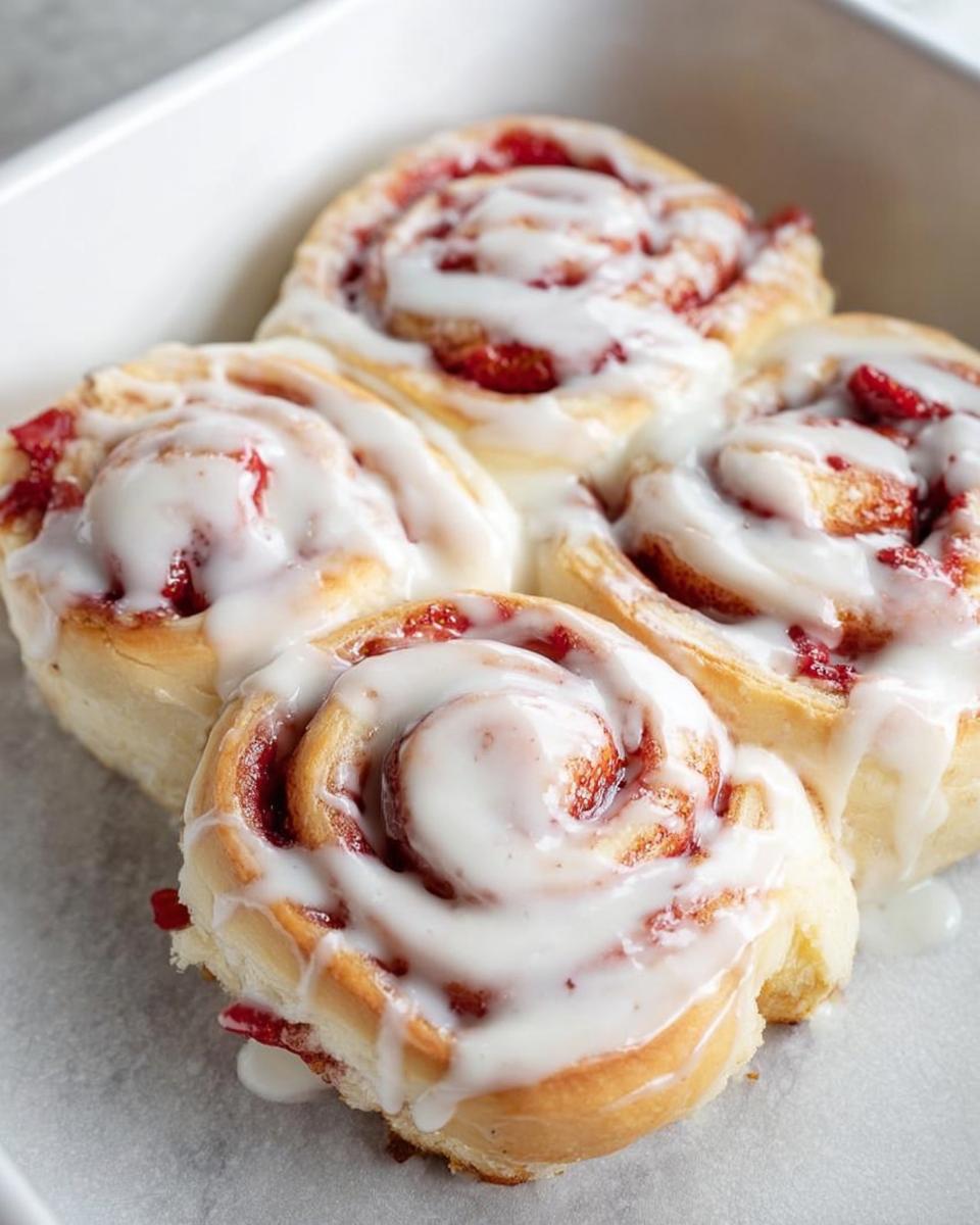 Close-up of four sweet strawberry rolls drizzled with white icing, part of breakfast ideas recipes.