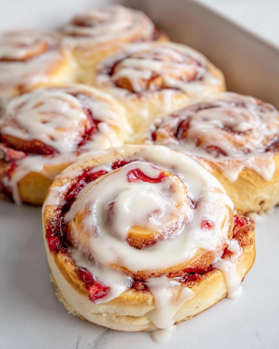 Close-up of sweet strawberry rolls drizzled with white icing, perfect for breakfast ideas recipes.