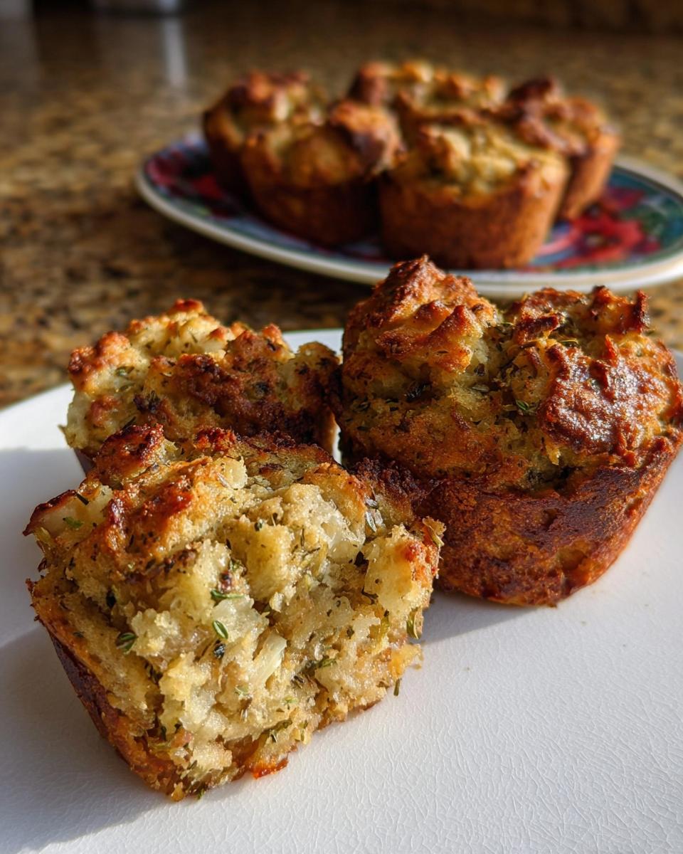 Close-up of golden-brown stuffing muffins, one with a bite taken out, revealing a fluffy interior with herbs.
