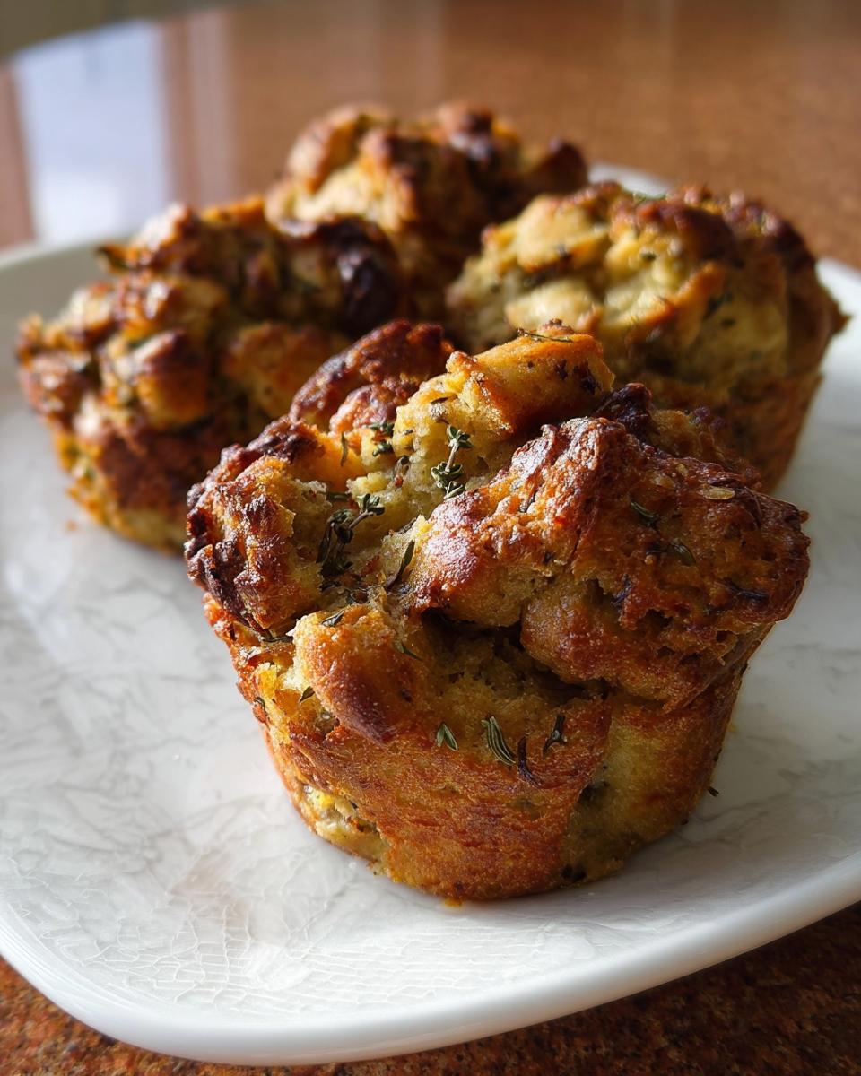 Close-up of golden-brown stuffing muffins with herbs, perfect for beginners.