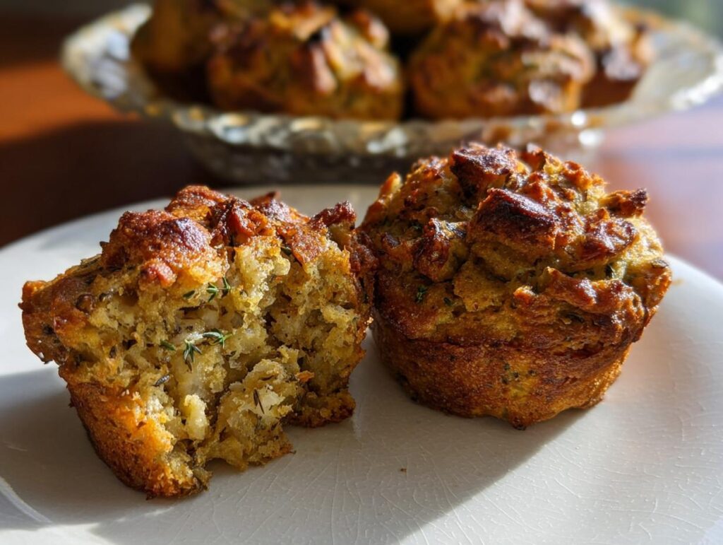 Close-up of a stuffing muffin, one split in half, revealing a fluffy interior with herbs.