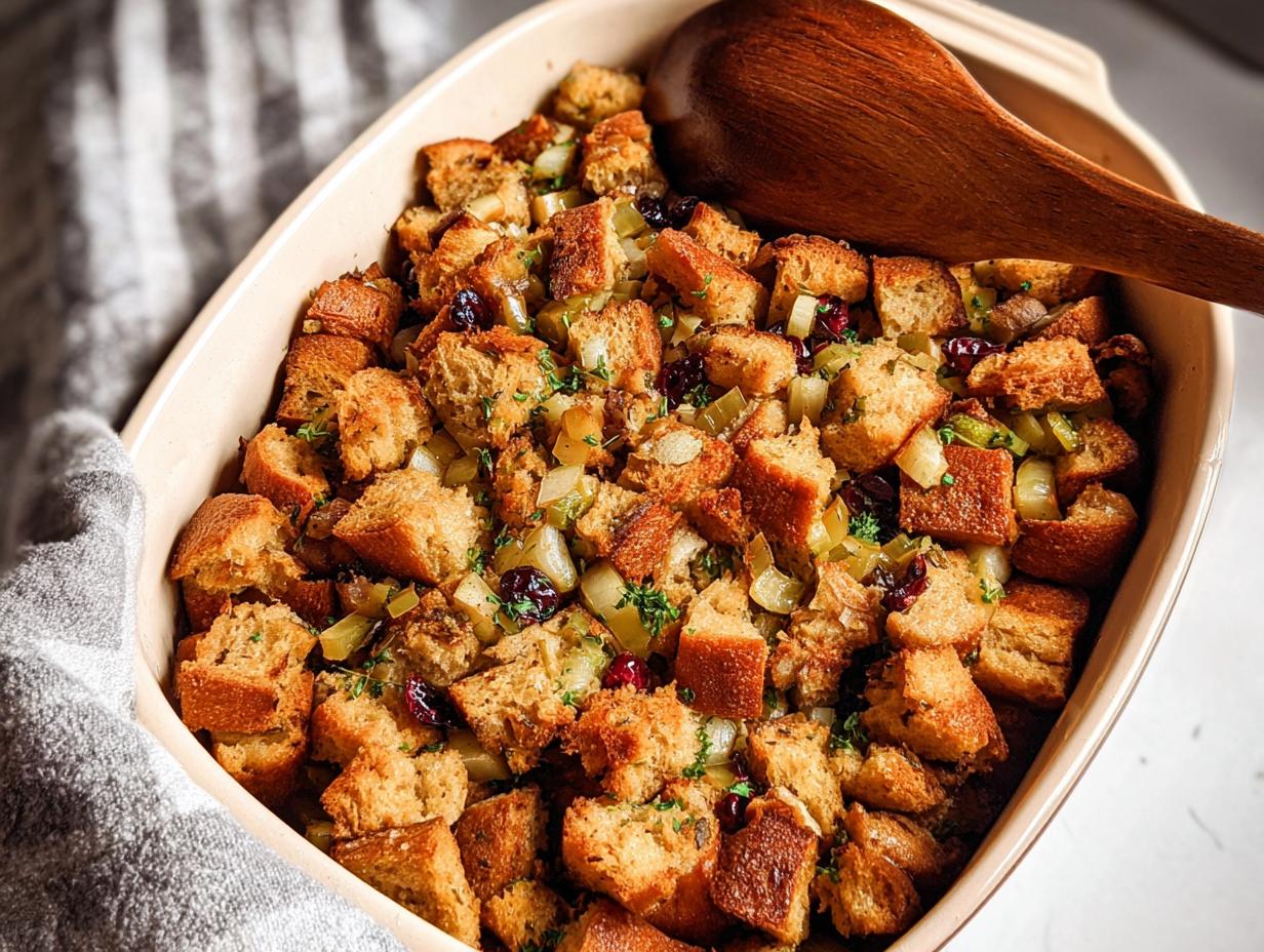 A close-up of a baking dish filled with golden-brown stuffing, featuring bread cubes, celery, cranberries, and herbs.