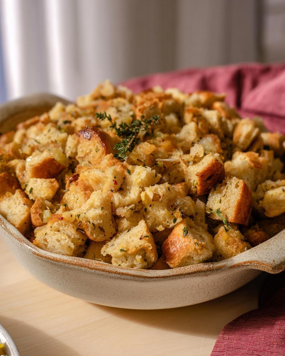 A close-up of a bowl filled with delicious homemade stuffing, garnished with fresh thyme. This is one of the best stuffing recipes.