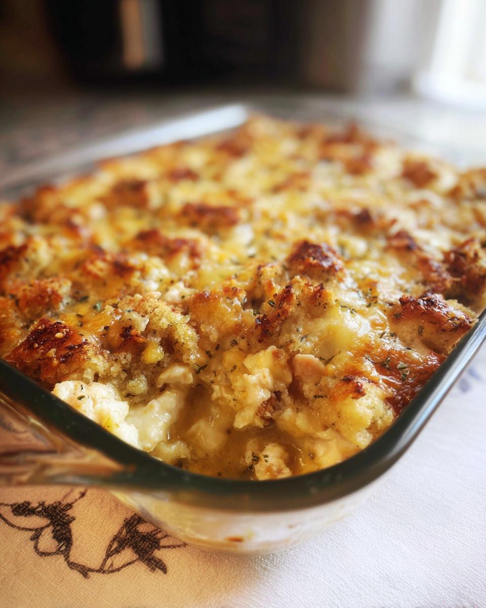 Close-up of a baked stuffing recipe casserole in a glass dish, golden brown and bubbly.
