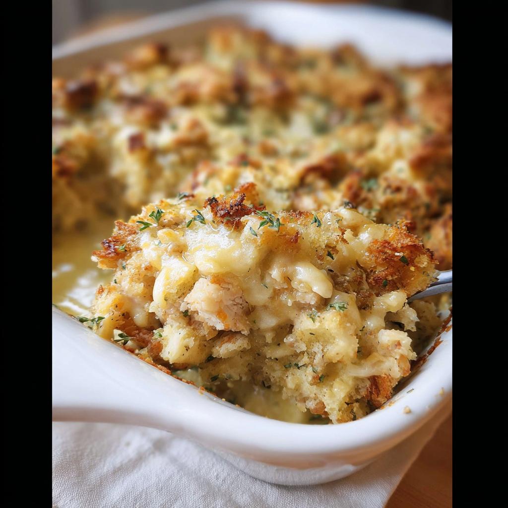 A spoonful of creamy, cheesy stuffing recipe casserole with herbs and toasted bread.
