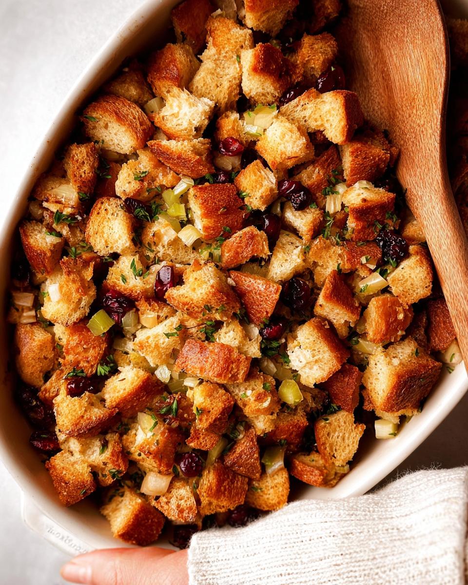 Close-up of a baking dish filled with golden brown bread cubes, cranberries, celery, and herbs for stuffing.