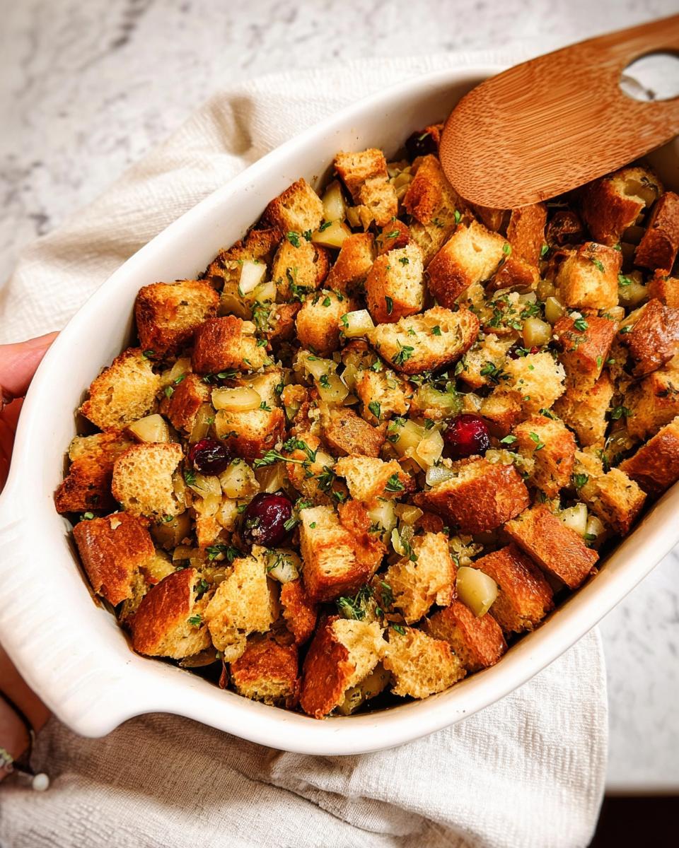 A close-up of a white baking dish filled with golden-brown bread cubes, cranberries, and herbs, showcasing a classic stuffing recipe.