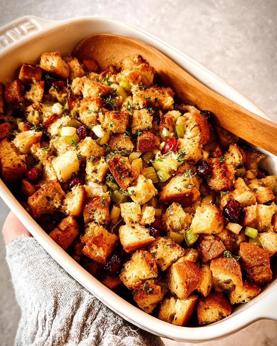 A close-up of a white baking dish filled with homemade stuffing, featuring toasted bread cubes, celery, cranberries, and herbs.
