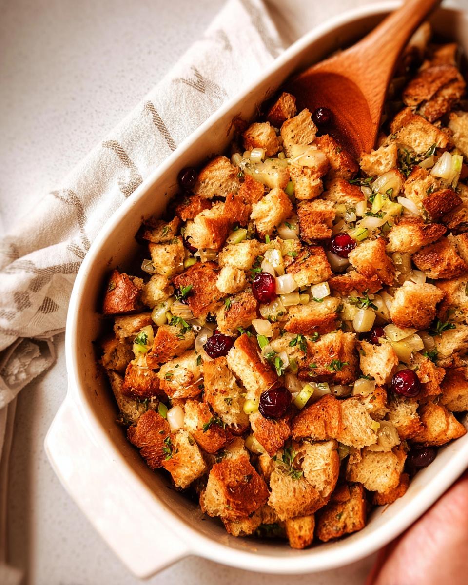 A close-up view of a golden brown stuffing recipe in a white baking dish, with cranberries and herbs.