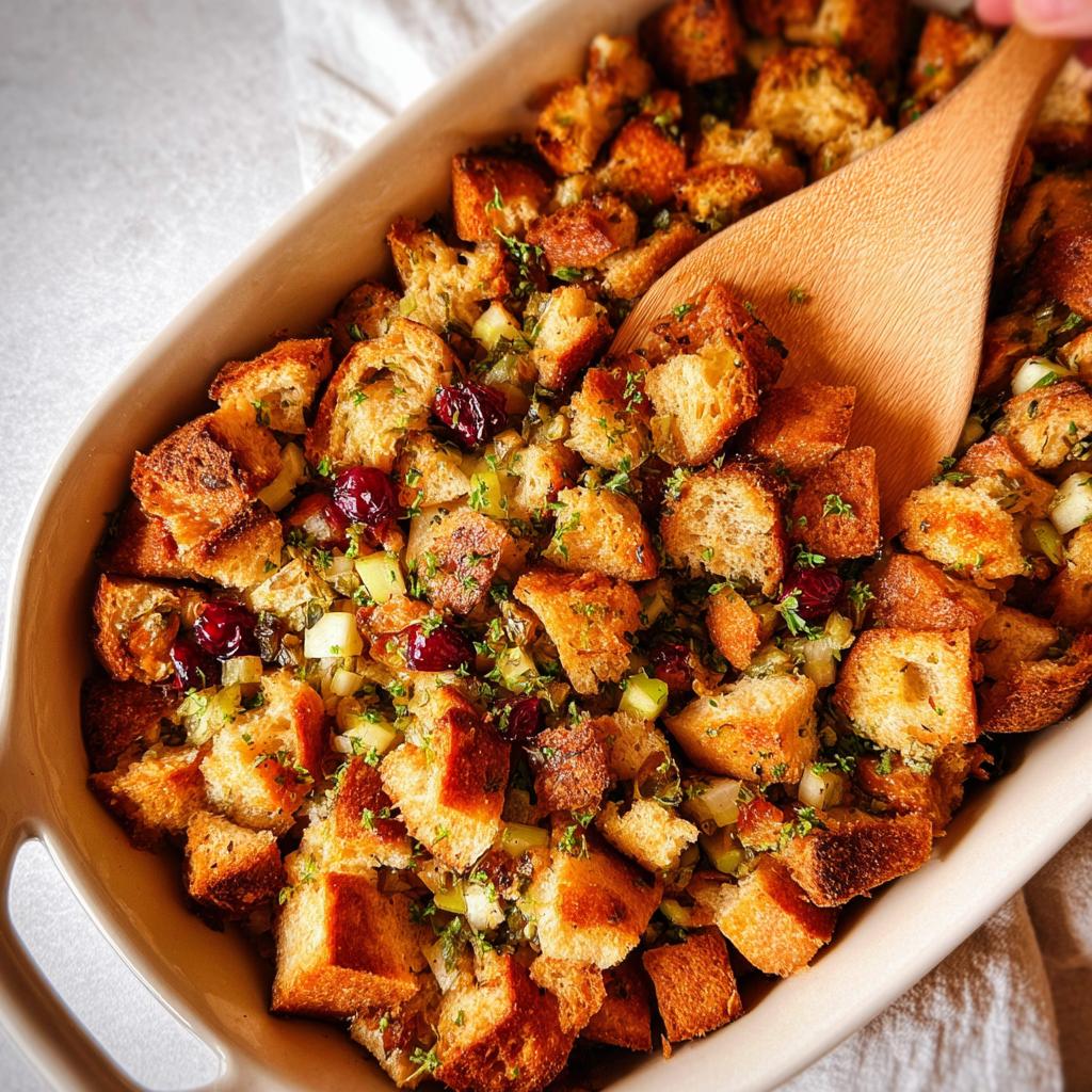 A close-up of a baking dish filled with golden-brown stuffing, featuring cranberries, celery, and herbs, with a wooden spoon.